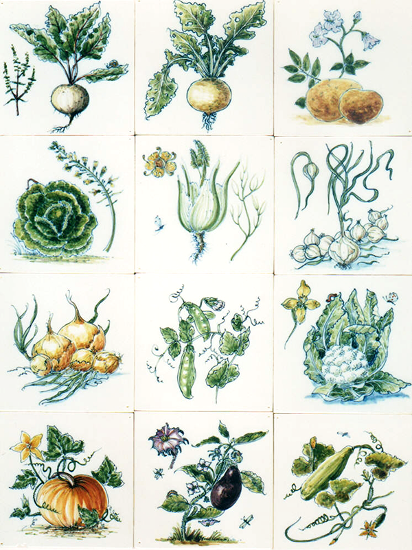 Custom Dutch tiles with hand-painted vegetable designs