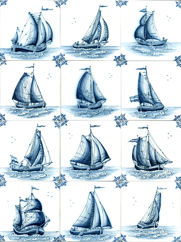 Custom Dutch tiles with hand-painted scenes of small ships